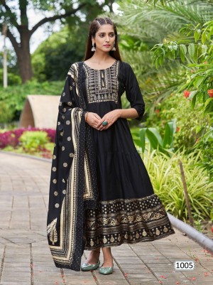 New Black Designer Heavy Rayon With Foil Print Work For Gown With Dupatta
